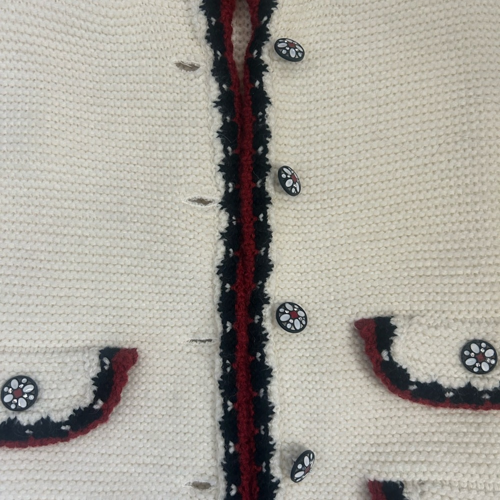 Cream Knit Cardigan with Red and Black Trim Diamond buttons size M - Picture 2 of 4